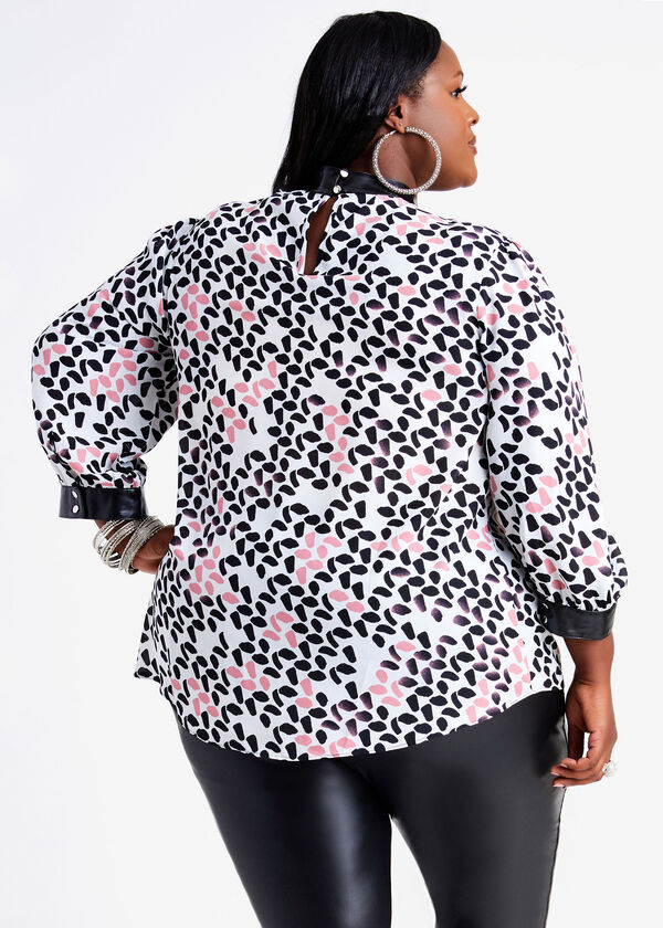 Faux Leather Trim Printed Blouse, Foxglove image number 1