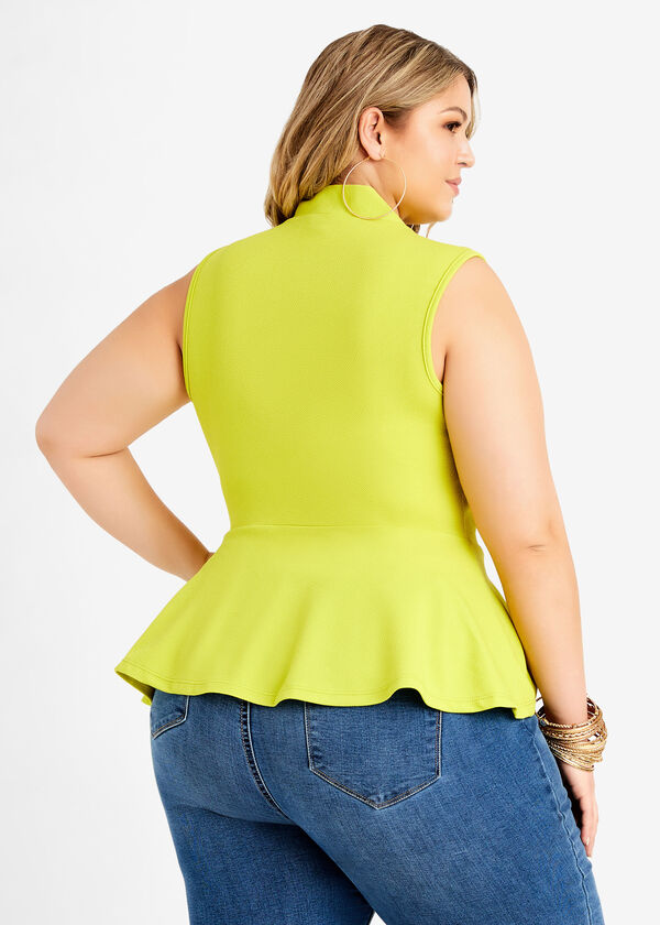 Tie Neck Sleeveless Knit Peplum Top, Bright Chartreuse image number 1