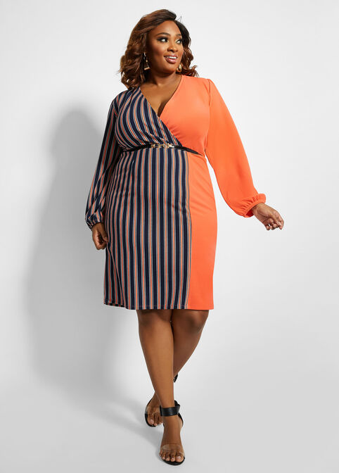 Plus Size Belted Striped Colorblock Mock Wrap Long Sleeve Dress image number 0