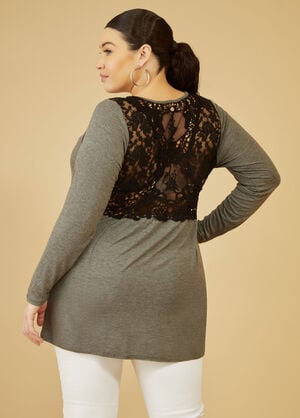 Lace And Crochet Paneled Tee, Charcoal image number 1