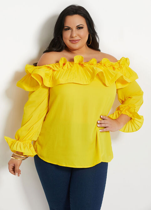 Pleat Ruffle Off-The-Shoulder Top,  image number 0