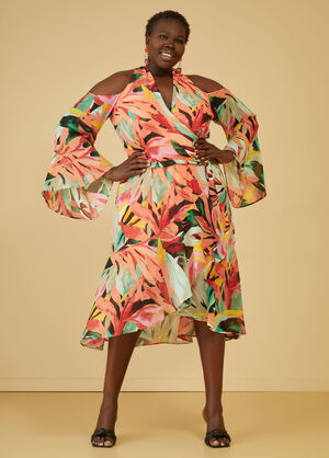 Cold Shoulder Leaf Print Dress, Multi image number 0