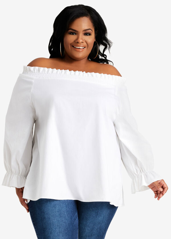 Plus Size Chic Ruffle Off The Shoulder Flared Peasant Sleeve Top