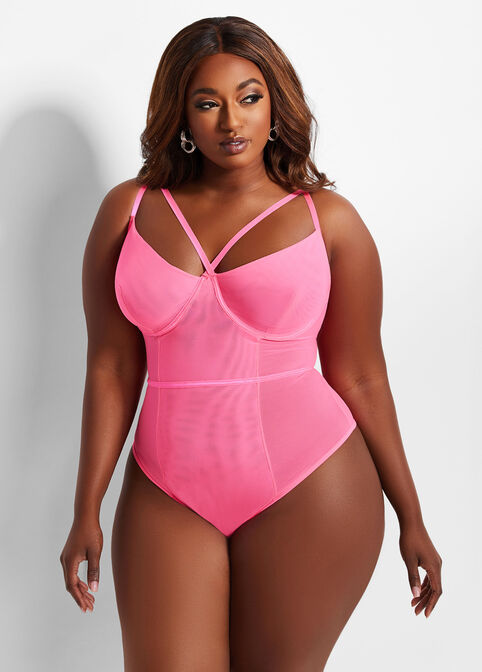 Plus Size Sexy Mesh Crossover Underwire Crossover Thong Bodysuits