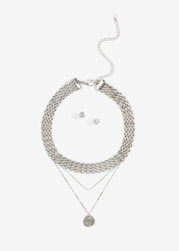 Choker Layer Necklace & Studs Set, Silver image number 0