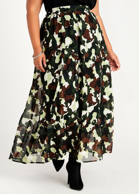 Sheer Camo Maxi Skirt, Military Olive image number 0