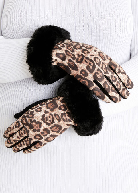 Leopard Faux Fur Trim Tech Gloves, Brown Animal image number 0
