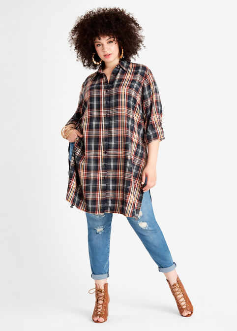 Plaid Side Slit Button Up Tunic, Red image number 0
