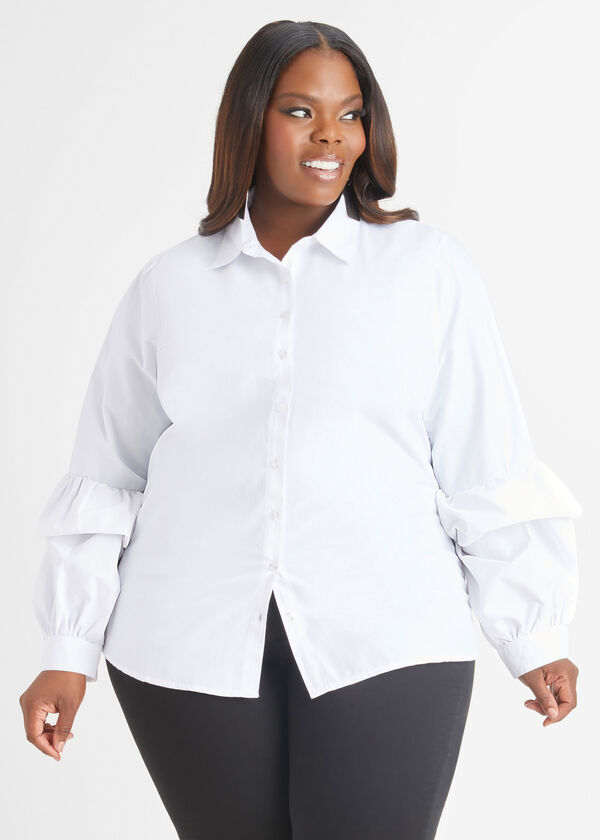 Ruffle Sleeve Cotton Blend Shirt, White image number 2