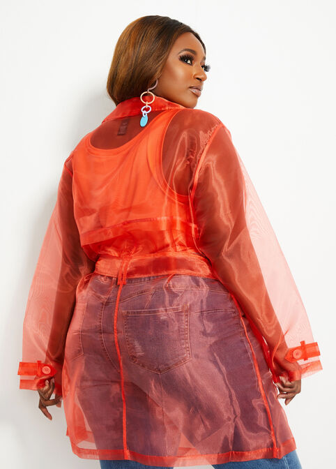 Belted Organza Trench Jacket, Hot Coral image number 1