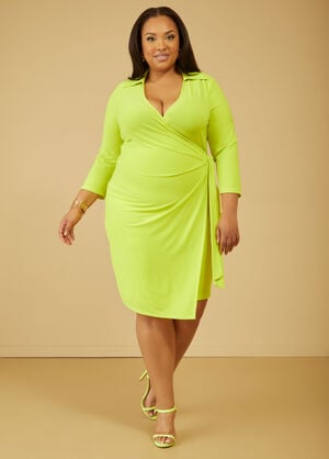 Stretch Knit Faux Wrap Dress, LIME PUNCH image number 0