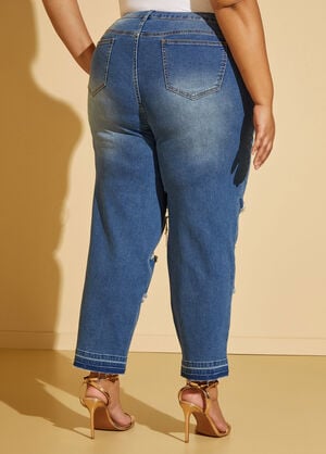 Cropped Distressed Mid Rise Jeans, Dk Rinse image number 1