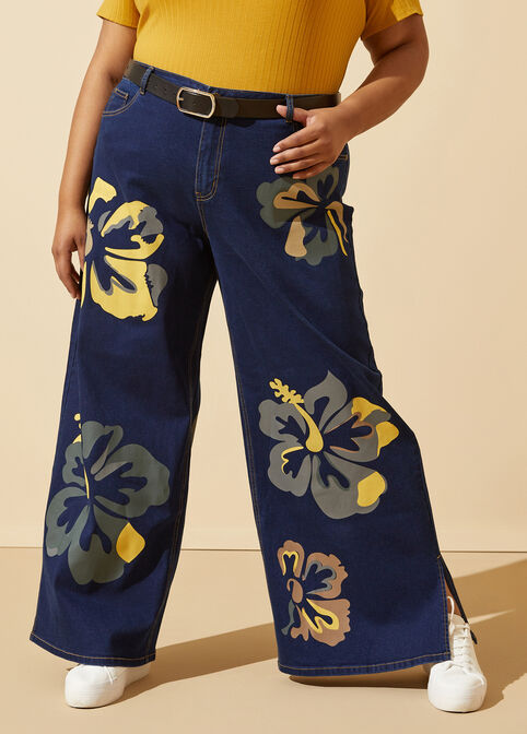 High Rise Floral Wide Leg Jeans, Dk Rinse image number 3