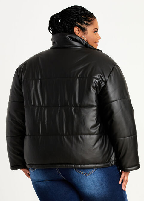 Quilted Faux Leather Puffer Coat, Black image number 1
