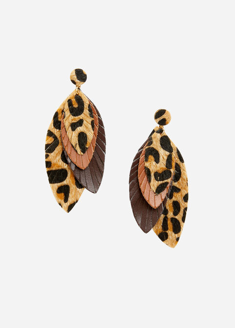 Statement Jewelry Animal Print Layer Faux Leather Fringe Drop Earrings image number 0