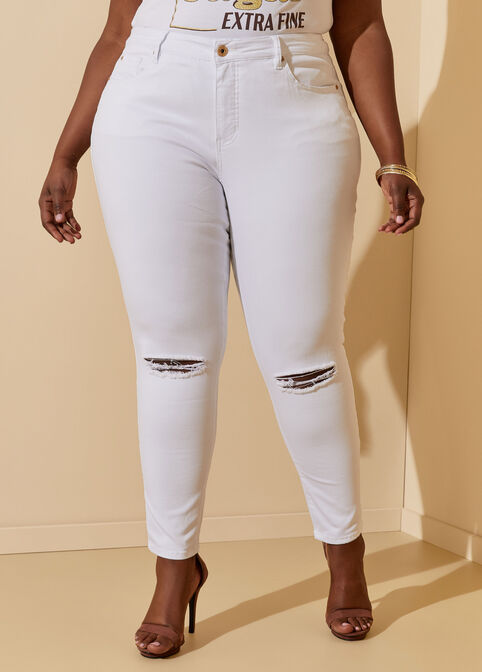 Distressed Cutout Skinny Jeans, White image number 0