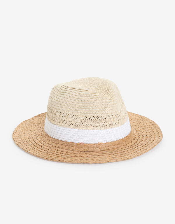 White Colorblock Straw Panama Hat, White image number 0