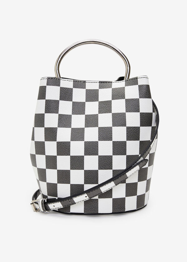Checked Faux Leather Bucket Bag, Black Combo image number 1