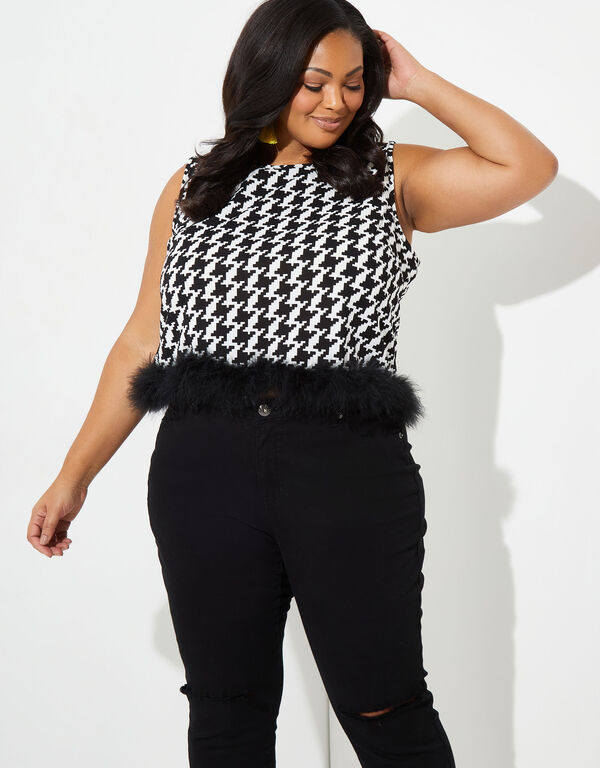 Feather Embellish Houndstooth Top, Black White image number 0