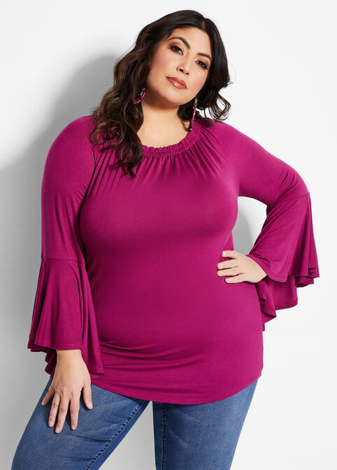 Plus Size Chic Solid Knit Off The Shoulder Ruffle Bell Sleeve Tops image number 0