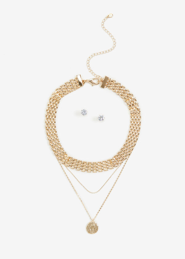 Gold Choker Layer Necklace & Studs, Gold image number 0