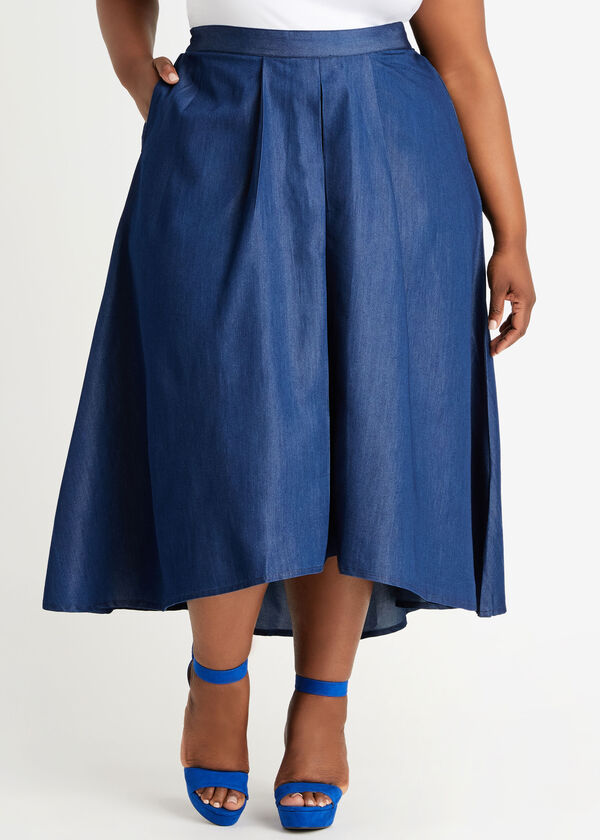 Pleated Hi Low Chambray Midi Skirt, Blue image number 0