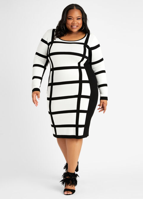 Windowpane Sweater Dress, Black White image number 0