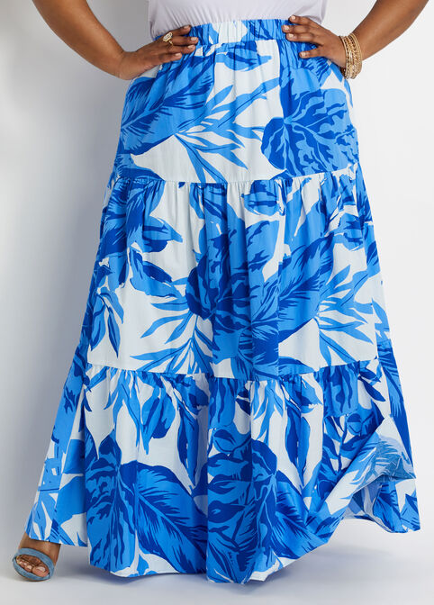 Floral Elastic Waist Maxi Skirt, Blue image number 0