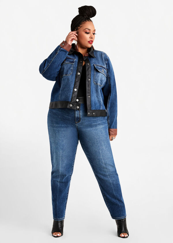 Plus Size Denim & Faux Leather Patchwork Crop Jacket Jeans Set