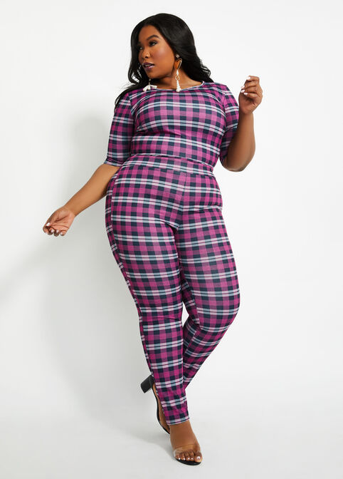 Pink Plaid Knit Pull On Pant, Raspberry Radiance image number 3