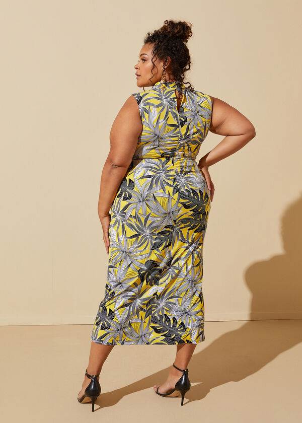 Palm Print Ruched Midi Dress, Maize image number 1