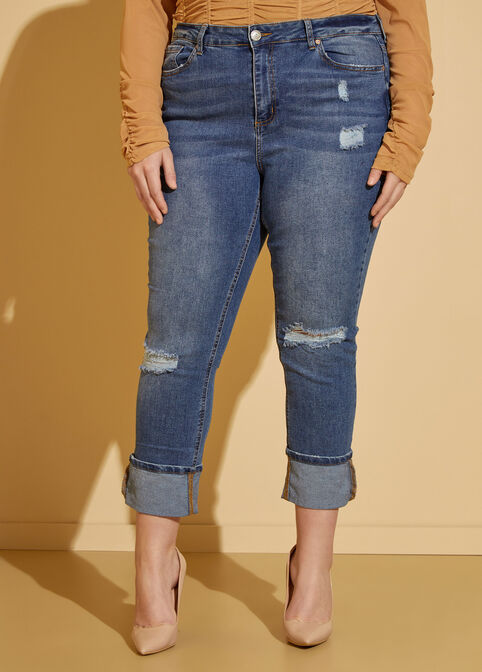 Cuffed Cropped Straight Leg Jeans, Medium Blue image number 3
