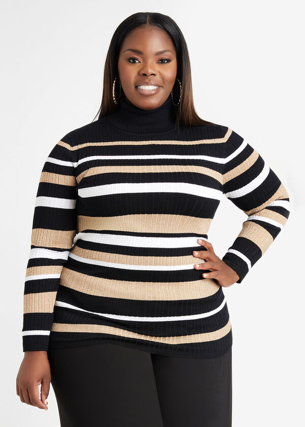 Lurex Striped Turtleneck Sweater, Black image number 0