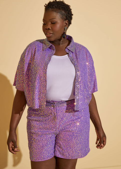 Cropped Sequined Mesh Shirt, Purple image number 2