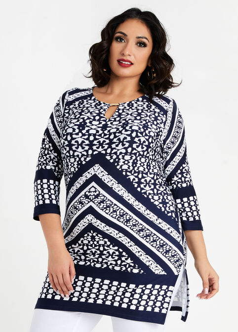 Abstract Bar Neck Keyhole Tunic, Navy image number 0