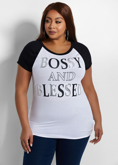 Sequin Bossy & Blessed Graphic Tee, White image number 0