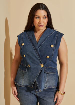 Double Breasted Stretch Denim Vest, Dk Rinse image number 0