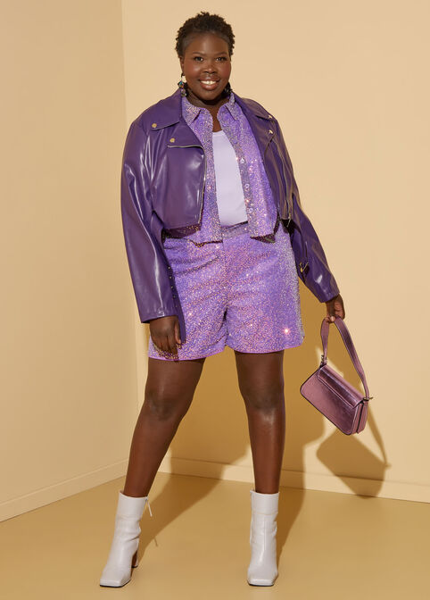 Cropped Sequined Mesh Shirt, Purple image number 3