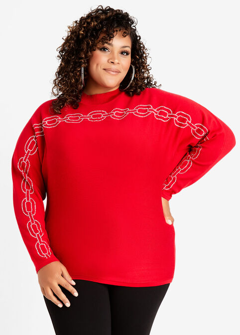 Plus Size Sexy Knitwear Rhinestone Chain Link Mock Neck Chic Sweater image number 0