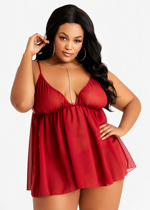 Chain Chiffon Babydoll & Thong, Red image number 0