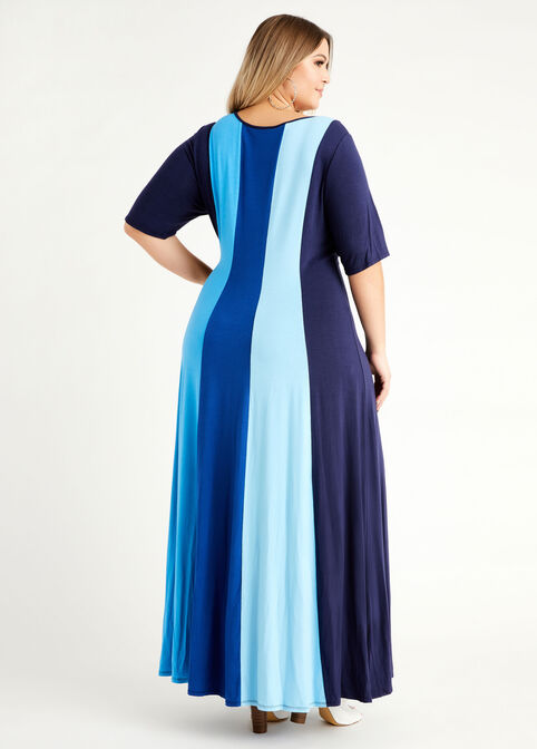 Colorblock Stripe Knit Maxi Dress, Blue image number 1