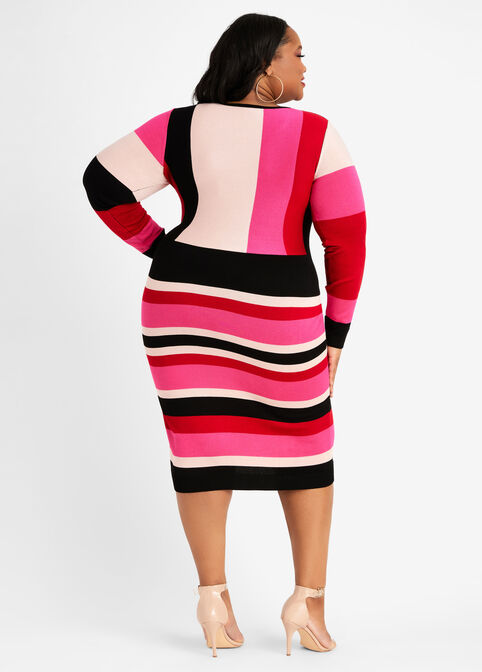 Colorblock Stripe Sweater Dress, Red image number 1