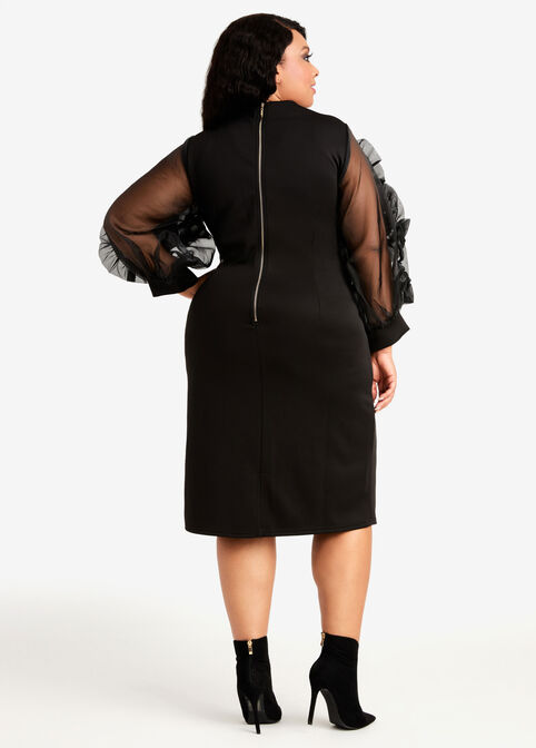 Organza Ruffle Sleeve Sheath Dress, Black image number 1