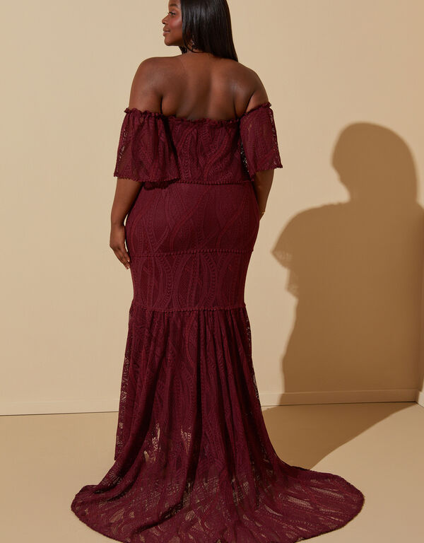 Off The Shoulder Lace Gown, Burgundy image number 1