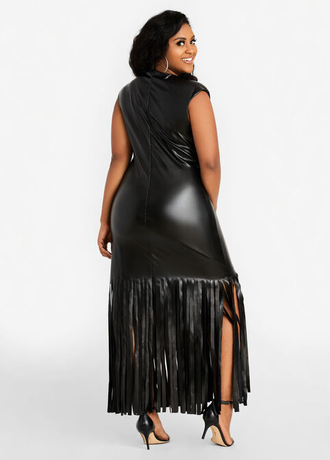 Faux Leather Fringe Sheath Dress, Black image number 1
