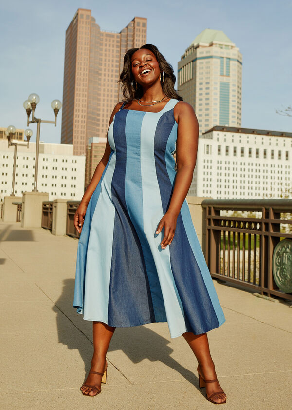 Striped Chambray Maxi Dress, Denim image number 0
