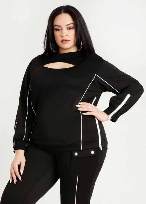 Cutout Side Zip Scuba Pullover, Black White image number 0