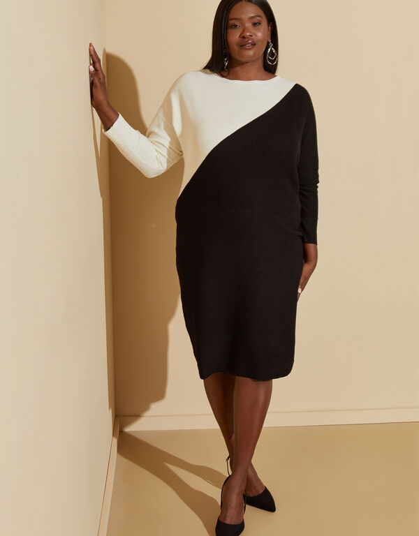 Two Tone Ribbed Sweater Dress, Egret image number 0
