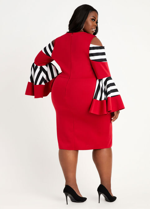 Colorblock Drama Sleeve Dress, Chili Pepper image number 1