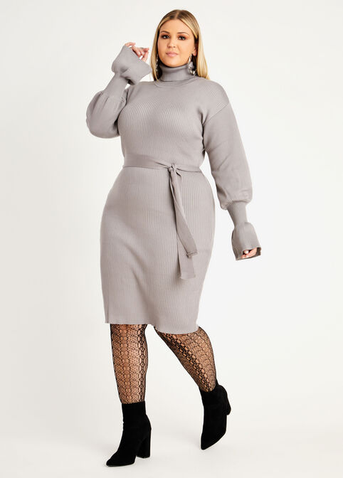 Plus Size Sweater Dress Sexy Knitwear Bell Sleeve Tie Neck Midi Dress image number 0